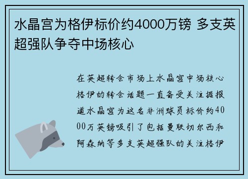 水晶宫为格伊标价约4000万镑 多支英超强队争夺中场核心