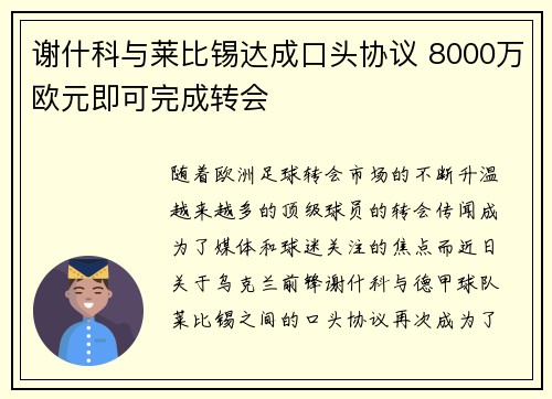 谢什科与莱比锡达成口头协议 8000万欧元即可完成转会