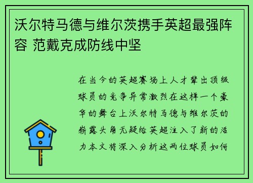 沃尔特马德与维尔茨携手英超最强阵容 范戴克成防线中坚
