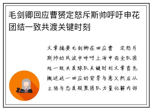 毛剑卿回应曹赟定怒斥斯帅呼吁申花团结一致共渡关键时刻